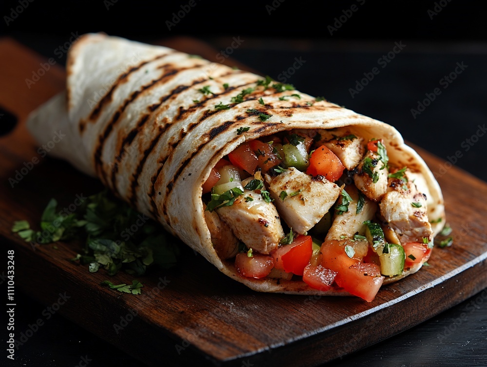 Grilled chicken burrito with vegetables on wooden board. Grilled chicken burrito with vegetables on wooden board.
