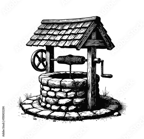 stone water well engraving black and white outline