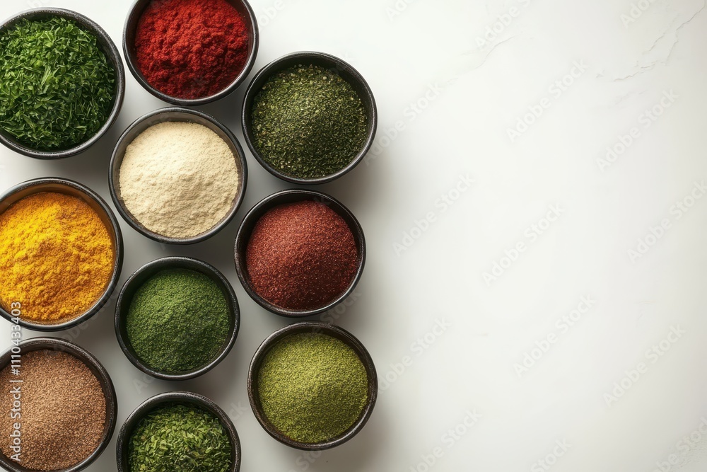 Colorful Spices in Small Bowls on White Backdrop Colorful Spices in Small Bowls on White Backdrop