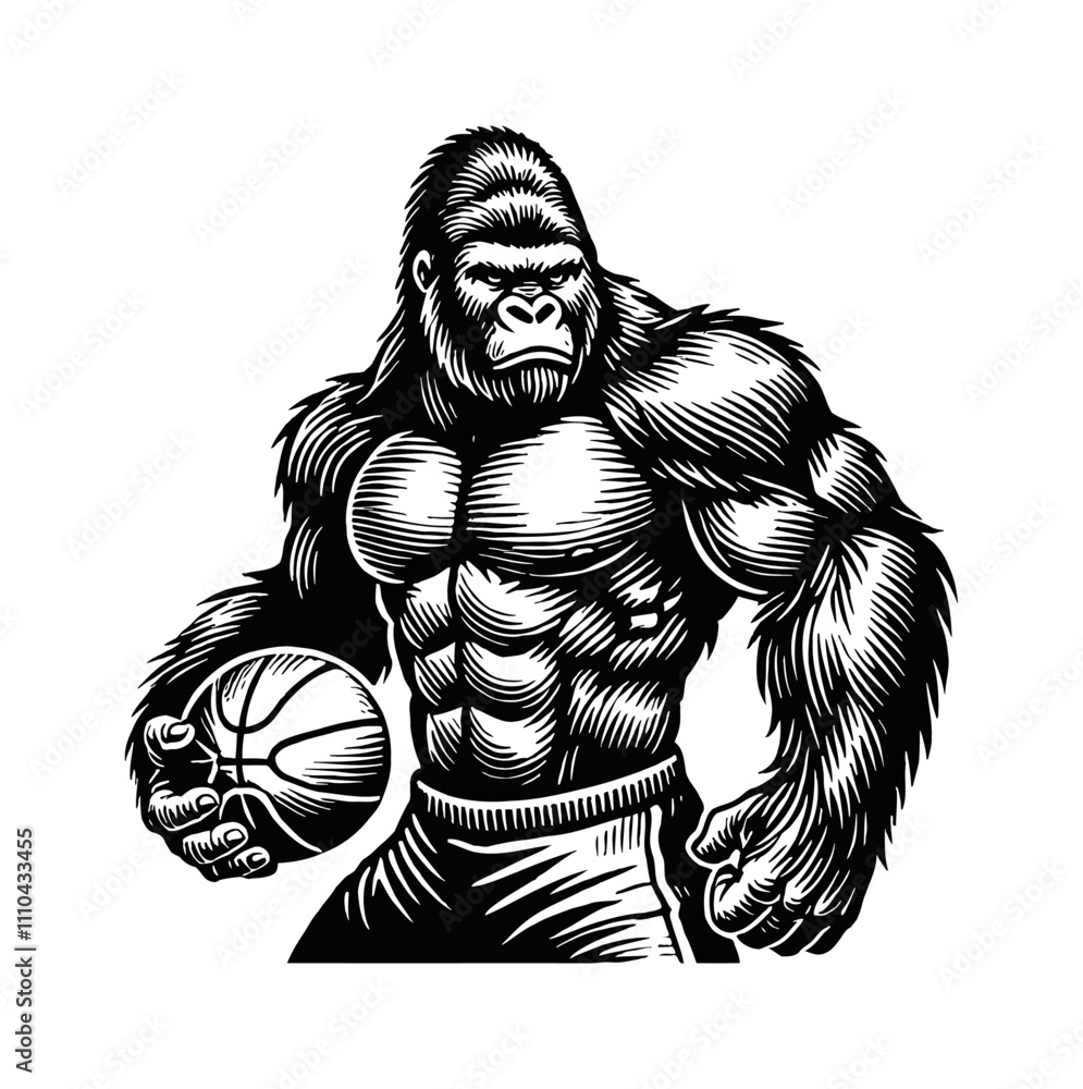 Fototapeta premium gorilla basketball engraving black and white outline