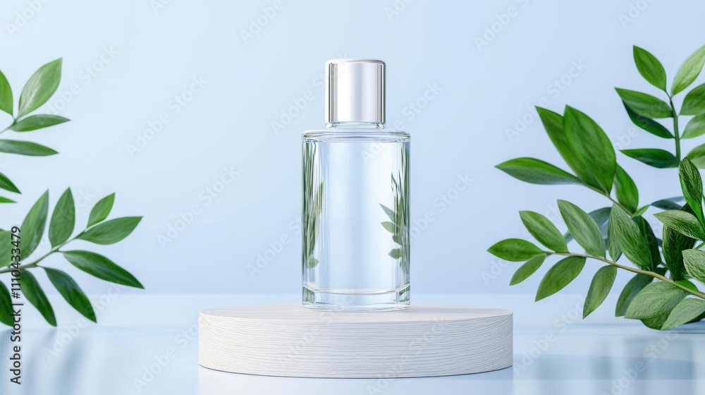 A sleek glass skincare bottle standing on a modern, polished wooden podium with nature-inspired decor A sleek glass skincare bottle standing on a modern, polished wooden podium with nature-inspired decor