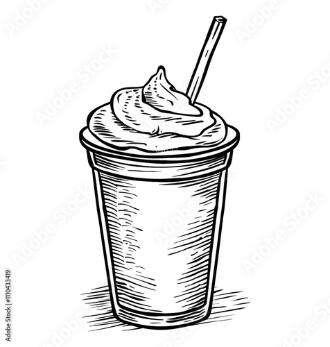 latte coffee straw engraving black and white outline