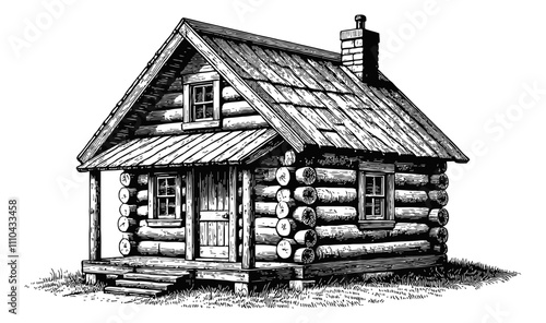 small log cabin engraving black and white outline