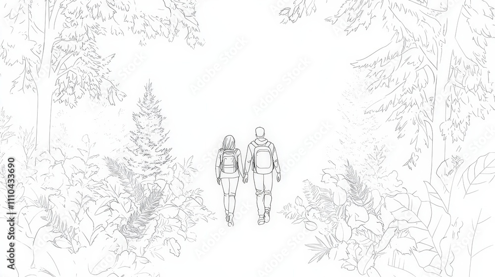 Romantic Hiking Couple Walking Hand in Hand in Forest Trail Romantic Hiking Couple Walking Hand in Hand in Forest Trail