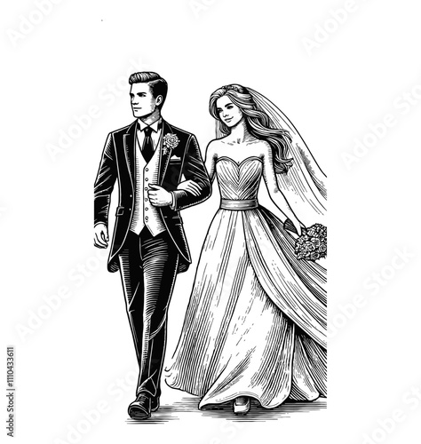 bride and groom walking arm in arm engraving black and white outline