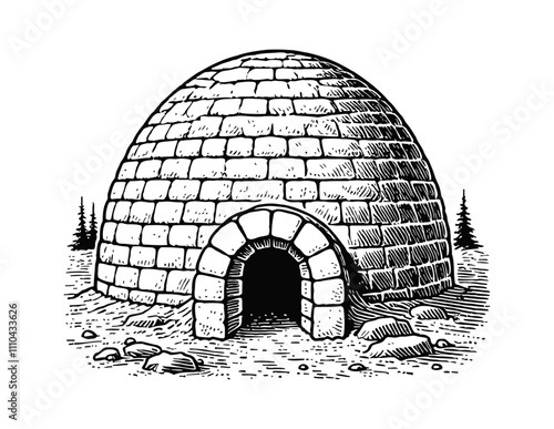 igloo engraving black and white outline