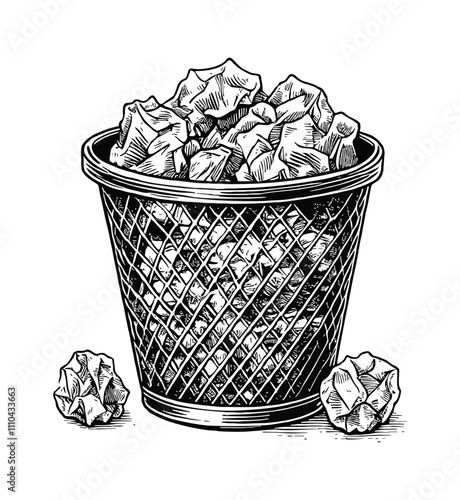 paper trash can engraving black and white outline