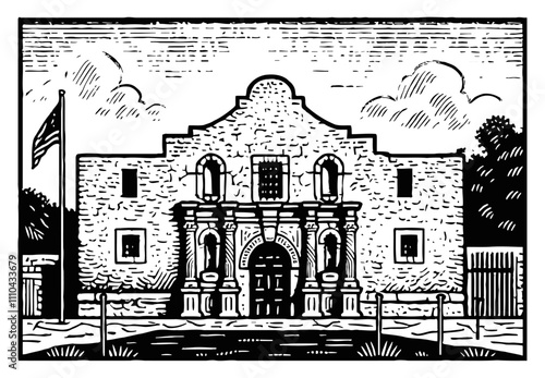 Alamo engraving black and white outline