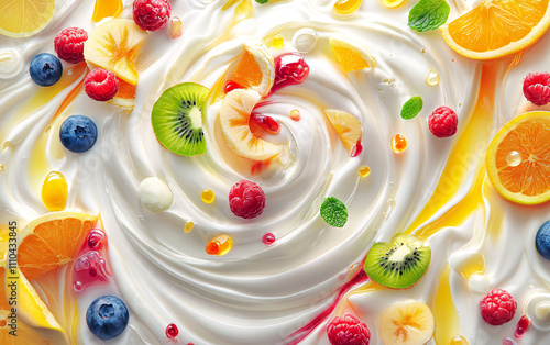 Vibrant Swirl of Creamy Yogurt Topped with Fresh Fruits, Including Berries, Kiwis, and Citrus, Highlighting Sweetness and Freshness in a Dynamic Composition photo