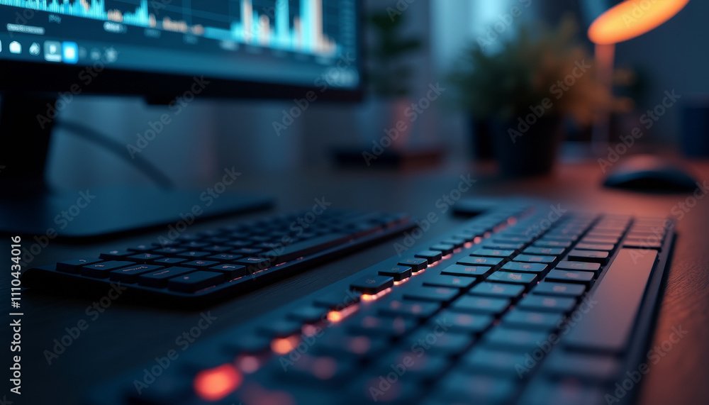 Close-up of a backlit keyboard and monitor displaying charts in a modern study area Close-up of a backlit keyboard and monitor displaying charts in a modern study area