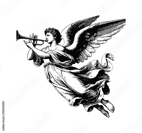 angel flying play trumpet engraving black and white outline