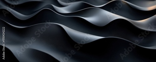 The image features smooth, flowing black waves, creating a sense of depth and texture with elegant curves and a minimalist aesthetic.