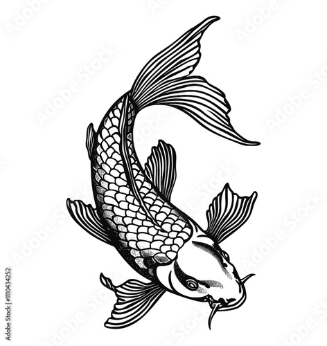 koi fish carp engraving black and white outline