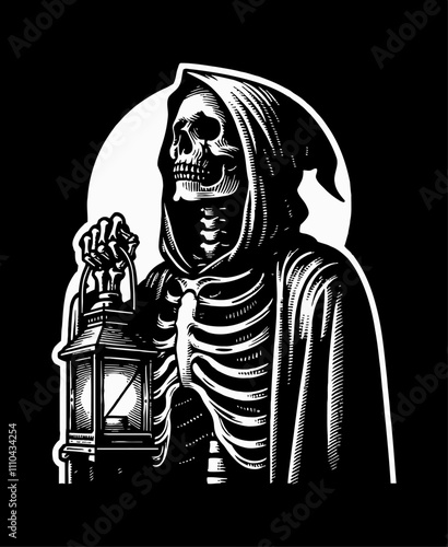 skull hood old lamp engraving black and white outline