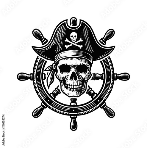 skull pirate hat engraving black and white outline