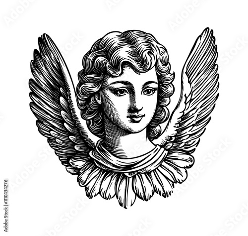 angel woman engraving black and white outline