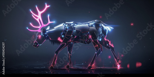 Robotic deer with neon lights, futuristic luminescent design, glowing antlers, cybernetic wildlife, night scene, technology concept photo