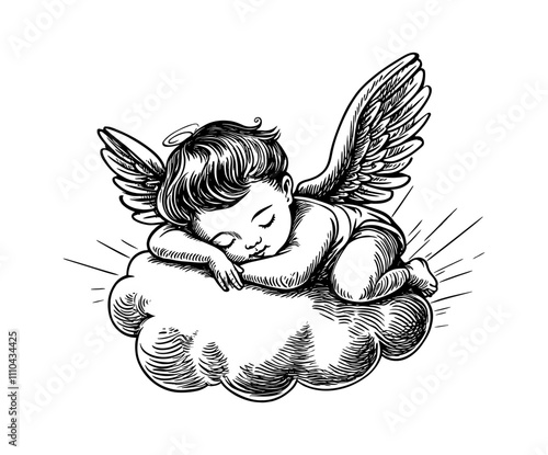 little angel sleep engraving black and white outline