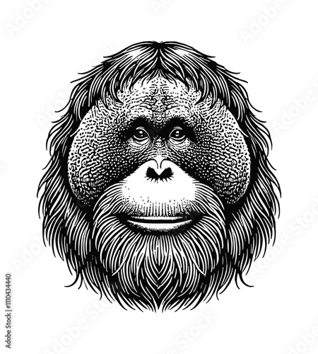 orangutan head engraving black and white outline