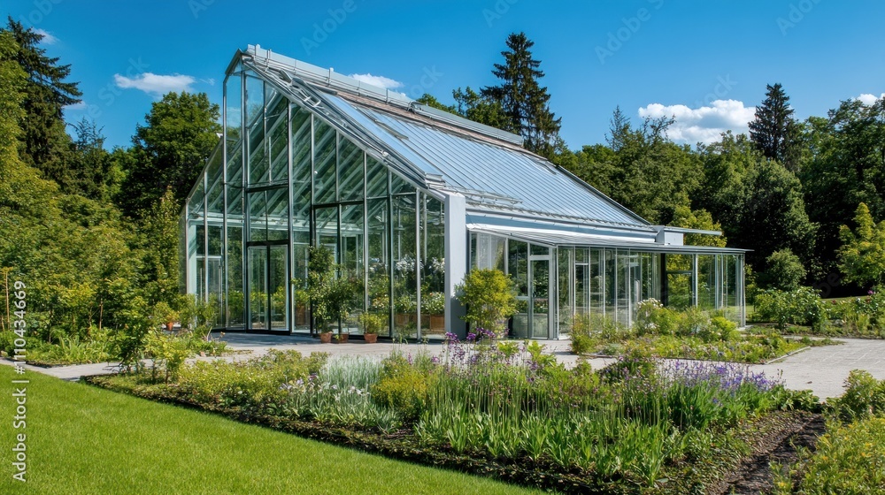 Modern glass greenhouse surrounded by lush greenery on a sunny day. Modern glass greenhouse surrounded by lush greenery on a sunny day.