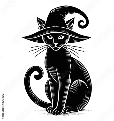 black cat witch hat engraving black and white outline