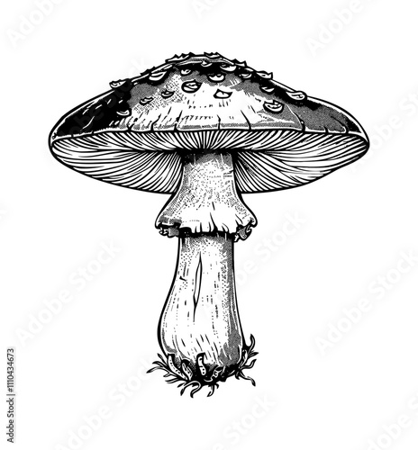 mushroom amanita engraving black and white outline