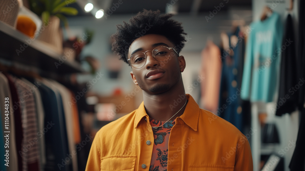 Mężczyzna w młodym wieku z zainteresowaniem przygląda się ubraniom w sklepie odzieżowym.