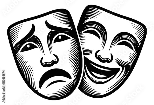two theater mask sad and happy engraving black and white outline