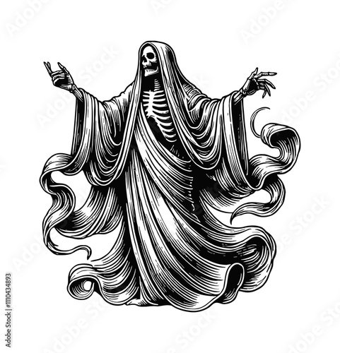 ghost hood robe fly engraving black and white outline