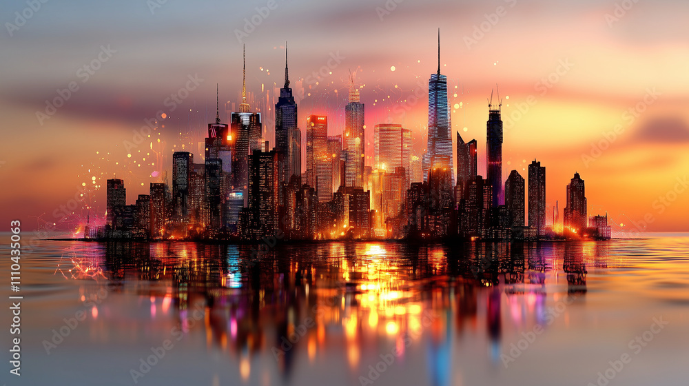 Futuristic illuminated cityscape symbolizing innovation, technology and urban growth, on a blurred background with glowing lights. Futuristic illuminated cityscape symbolizing innovation, technology and urban growth, on a blurred background with glowing lights.