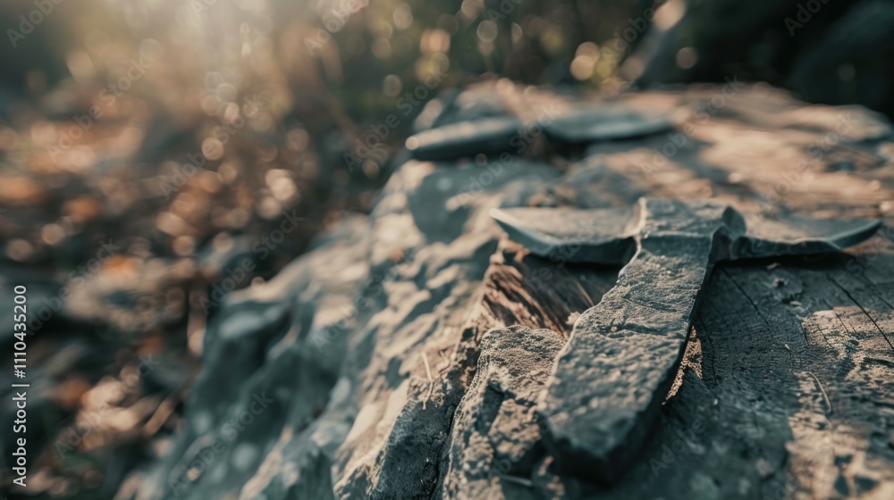 Close-up of ancient stone tools, sharp flint knives, and polished axes on a weathered wooden surface, symbolizing prehistoric craftsmanship and the dawn of human ingenuity