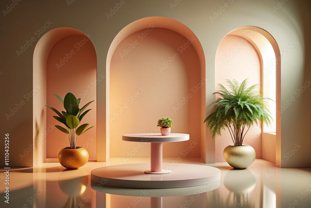 Vibrant Minimalist Interior with Soft Gradient Lighting Featuring Round Pedestal and Arched Doorway Perfect for Food Photography, Branding, Advertising, and Presentations Vibrant Minimalist Interior with Soft Gradient Lighting Featuring Round Pedestal and Arched Doorway Perfect for Food Photography, Branding, Advertising, and Presentations