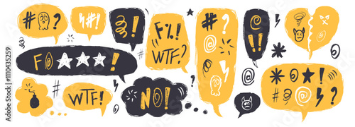 Negative emotion. Speech bubbles with swear words. Curse crayon doodle text. Bad expression on chat dialog boxes. Aggressive swearwords isolated on white background. Vector hand drawn illustration