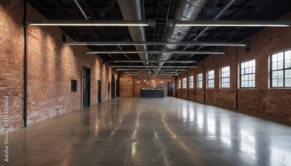 Modern renovated old factory interior with polished concrete floor and industrial lighting Modern renovated old factory interior with polished concrete floor and industrial lighting