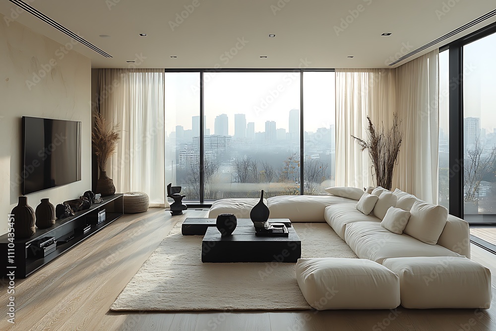 Modern interior design of a space with design modular sofa and arm chairs, furniture, wooden wall, coffee table, pillows, plants and elegant personal accessories in stylish home decor living room. Modern interior design of a space with design modular sofa and arm chairs, furniture, wooden wall, coffee table, pillows, plants and elegant personal accessories in stylish home decor living room.