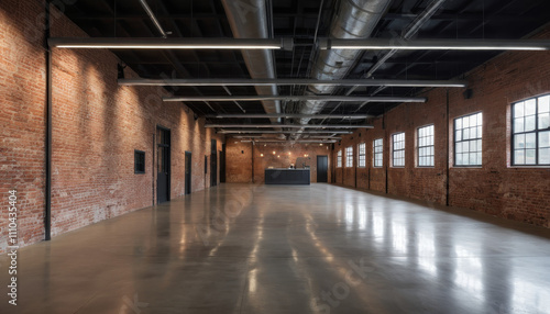 Modern renovated old factory interior with polished concrete floor and industrial lighting