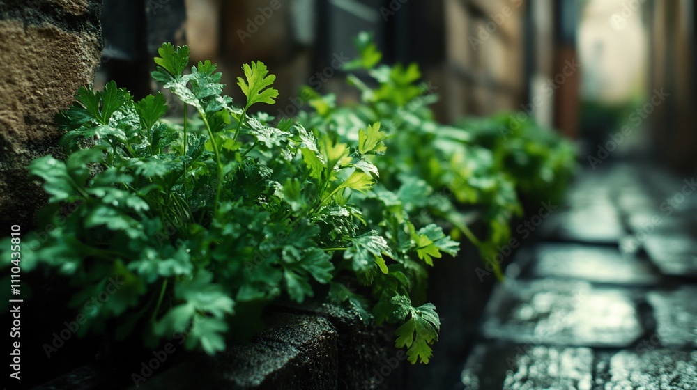 Lush green parsley plants thriving in a stone alleyway after rain. Lush green parsley plants thriving in a stone alleyway after rain.
