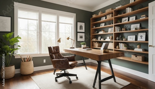 Wallpaper Mural A cozy home office with a wooden desk, a comfortable leather chair, and built-in bookshelves against a dark green wall. Torontodigital.ca