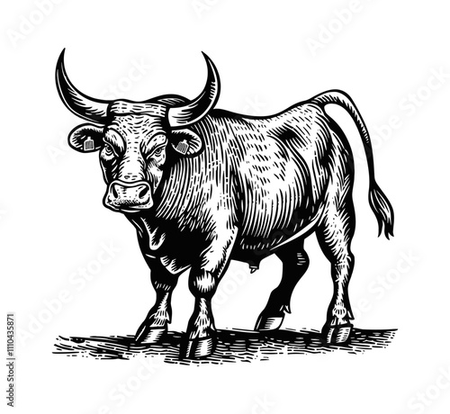 Spanish Fighting Bull engraving black and white outline