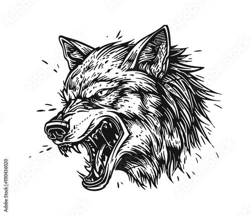 angry wolf head engraving black and white outline