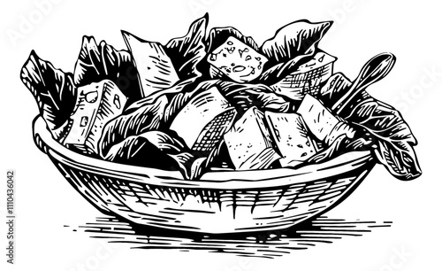 caesar salad with chicken engraving black and white outline