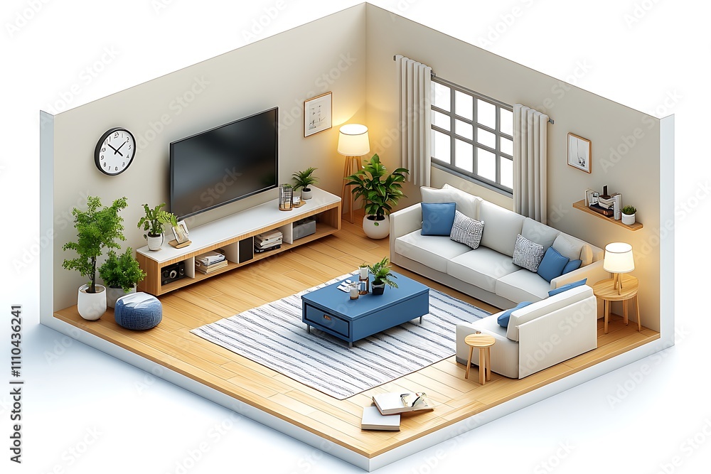 Isometric view living room muji style open inside interior architecture 3d rendering digital art Isometric view living room muji style open inside interior architecture 3d rendering digital art