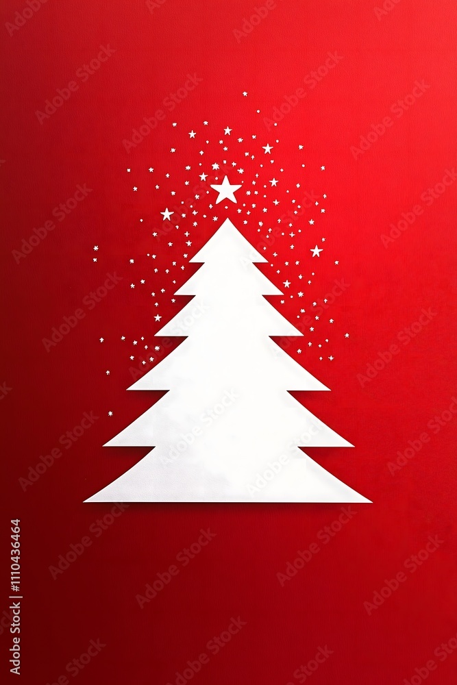Paper-cut style white Christmas tree with star details on a bold red background, simple and elegant. Paper-cut style white Christmas tree with star details on a bold red background, simple and elegant.