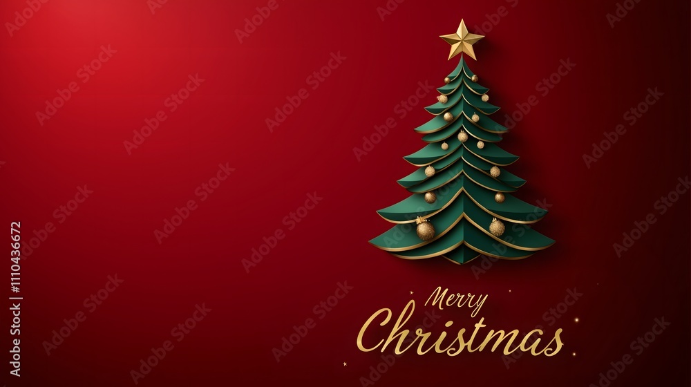 Festive Christmas card with a layered green tree, golden ornaments, a star, and Festive Christmas card with a layered green tree, golden ornaments, a star, and