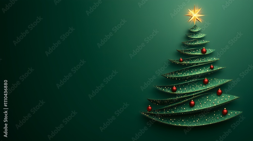 Modern Christmas card with a layered green tree adorned with red ornaments and a glowing golden star. Modern Christmas card with a layered green tree adorned with red ornaments and a glowing golden star.