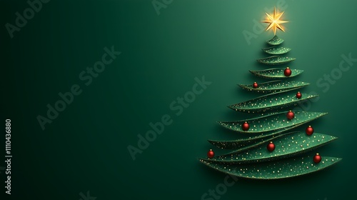 Modern Christmas card with a layered green tree adorned with red ornaments and a glowing golden star.