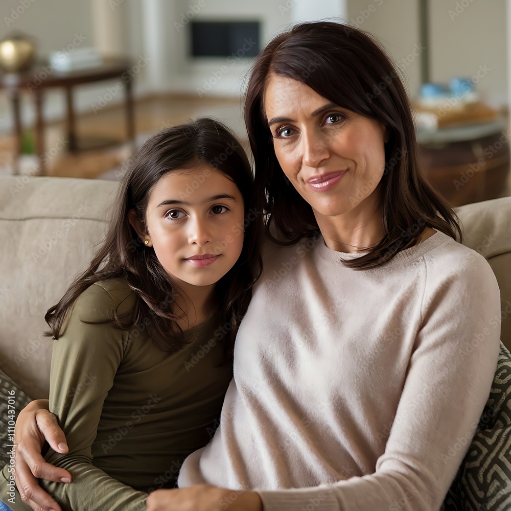 Portrait of smiling mother and daughter looking at camera while sitting on sofa at home Portrait of smiling mother and daughter looking at camera while sitting on sofa at home