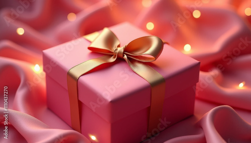 Valentine's gift wrapped in pink paper with a golden bow on a soft, illuminated fabric background