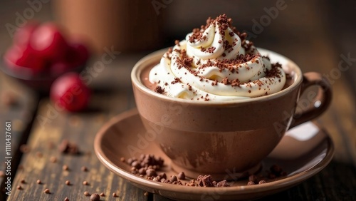 Hot chocolate with whipped cream and chocolate shavings, cozy winter vibe