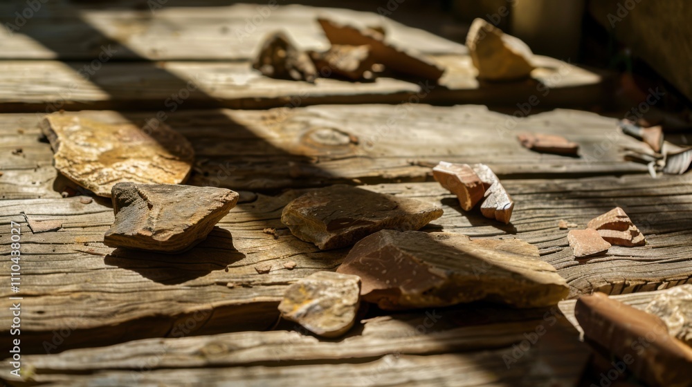 Close-up of ancient stone tools, sharp flint knives, and polished axes on a weathered wooden surface, symbolizing prehistoric craftsmanship and the dawn of human ingenuity Close-up of ancient stone tools, sharp flint knives, and polished axes on a weathered wooden surface, symbolizing prehistoric craftsmanship and the dawn of human ingenuity